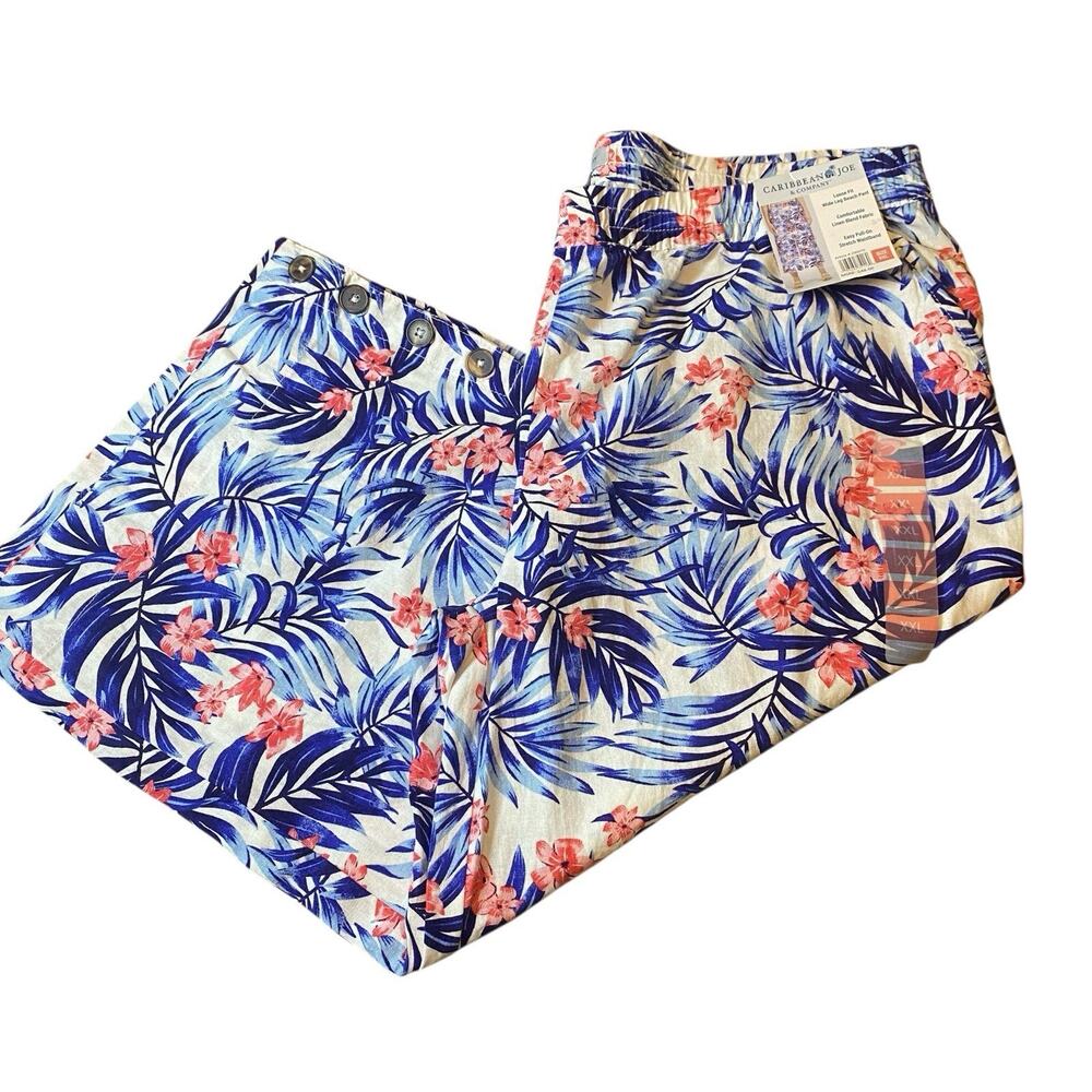 Caribbean Joe Women Size XXL Wide Leg Crop Linen Blend Pants Tropical Print NWT